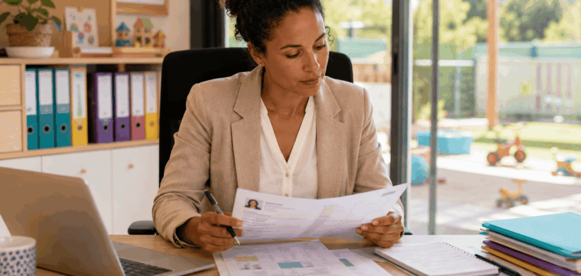 Directrice de crèche préparant ses recrutements et étudiant les candidatures pour constituer son équipe