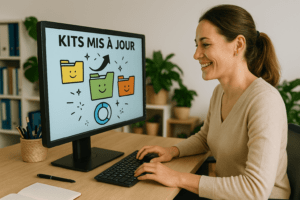 Directrice de crèche découvrant la mise à jour de ses outils réglementaires sur son ordinateur