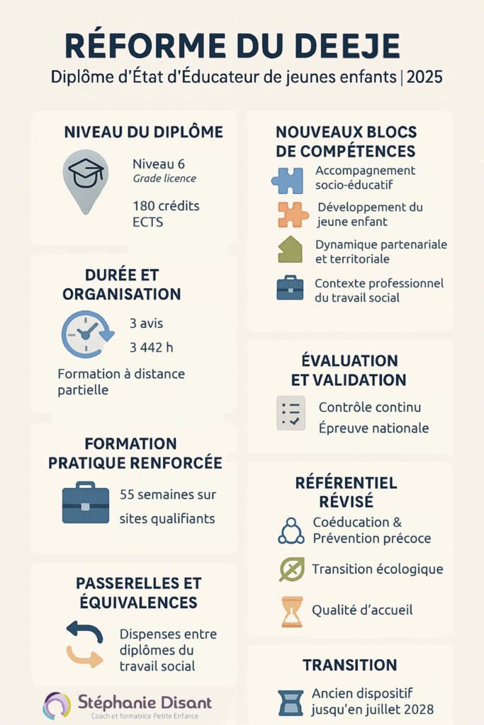 Infographie présentant la réforme 2025 du Diplôme d’État d’Éducateur de Jeunes Enfants : nouveaux blocs de compétences, grade licence, durée de formation et modalités d’évaluation.