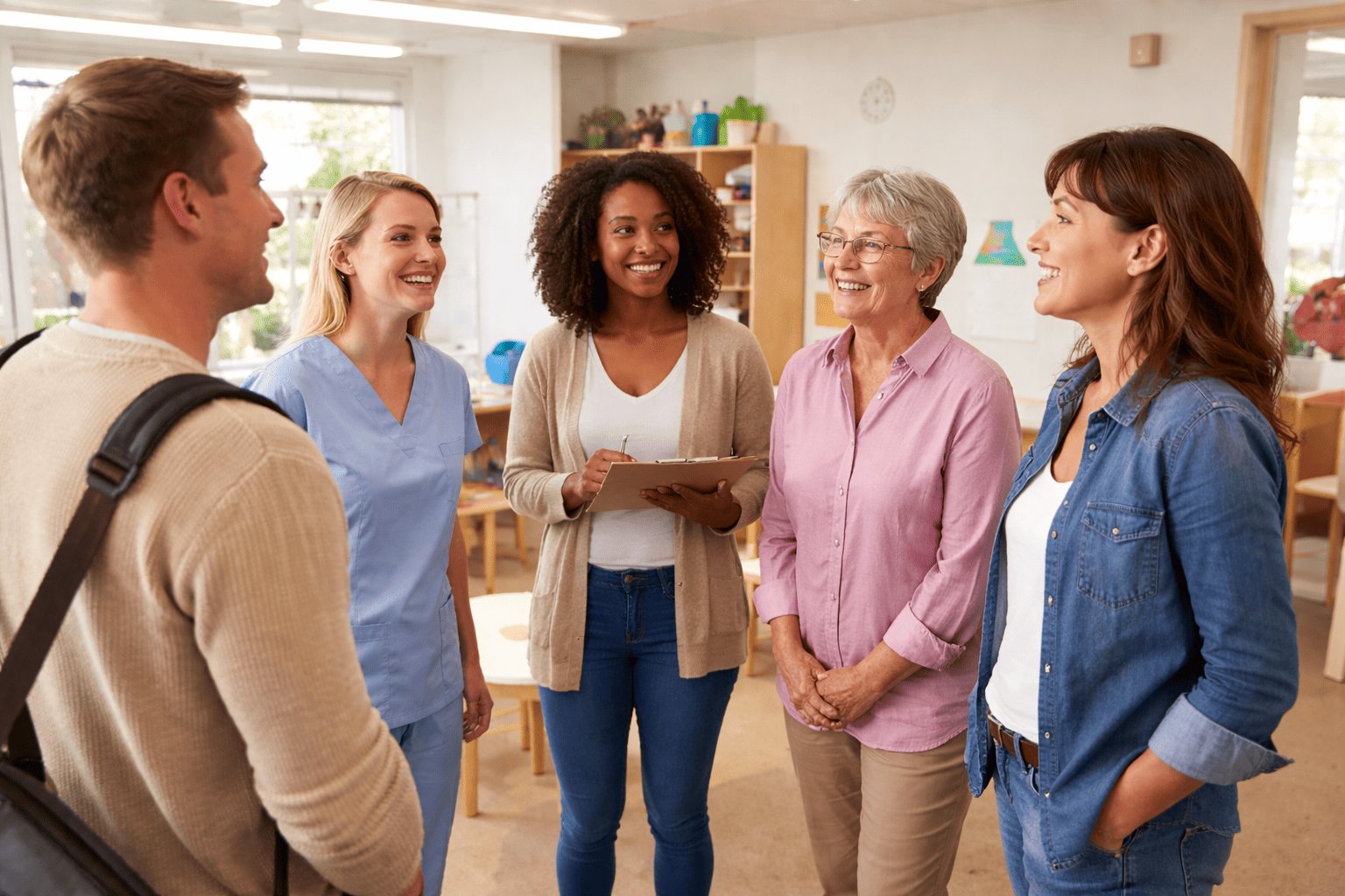 Professionnels en crèche discutant de la nouvelle qualification Intervenant Éducatif Petite Enfance