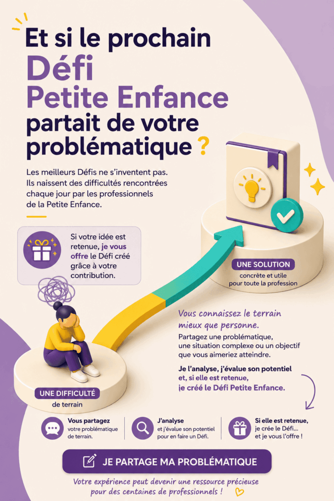 idee-defi-petite-enfance.webp Illustration d'une problématique en crèche transformée en Défi Petite Enfance, avec une professionnelle passant d'une difficulté de terrain à une solution concrète.