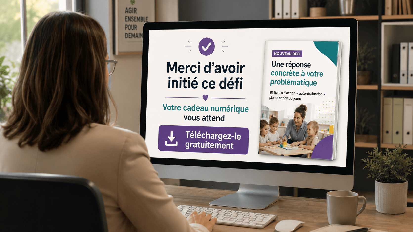 Directrice de crèche vue de dos devant son ordinateur, découvrant un Défi Petite Enfance créé à partir de sa problématique et offert en téléchargement numérique.
